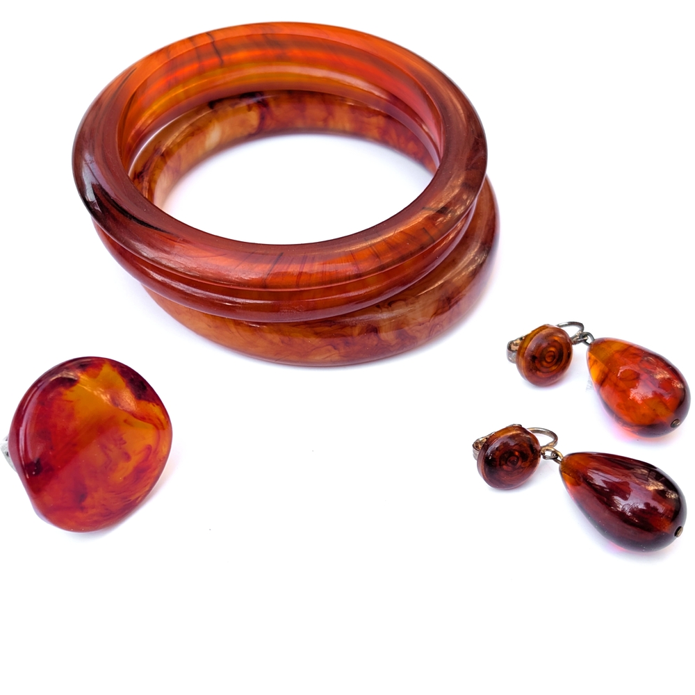 Vintage Rockabilly Amber Bakelite Jewelry Set - Earrings, 3 Bangles, and Ring